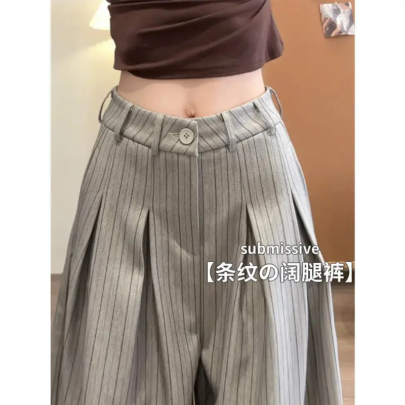 

2026 New Spring Autumn Women's Old Money Style Striped Wide Leg Pants High Waist Slim Draped Suit Trousers Fashion Casual