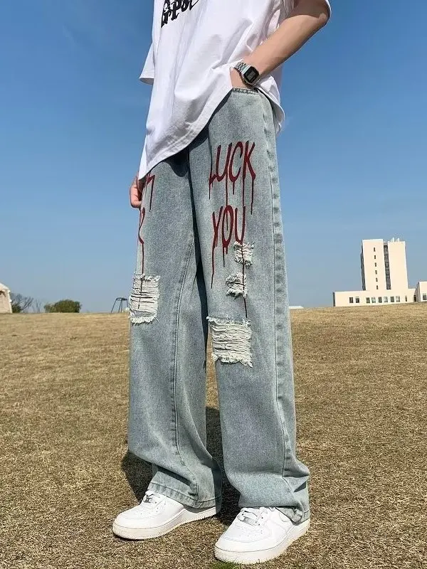 

Мужские свободные прямые джинсы в стиле ретро в американском стиле хип-хоп, модные брендовые крутые брюки Vibe High Street Sle, студенческая одежда, повседневные джинсовые брюки