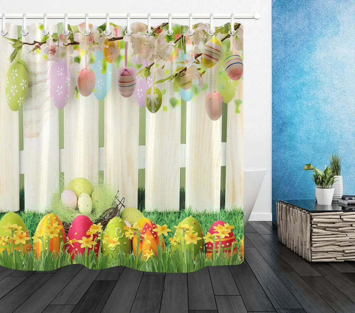 Spring Flowers Easter Eggs Nest Wood Fence Waterproof Fabric Shower Curtain Set