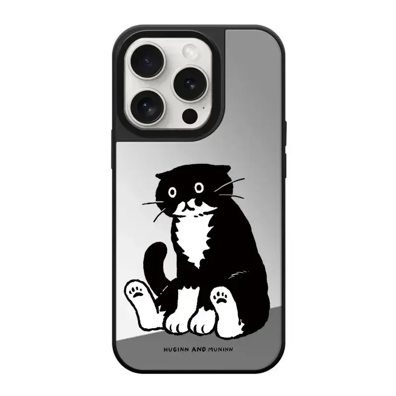 Cartoon Black Cat Strawberry Mirror Magnetic iPhone 11 12 13 14 15 Pro Max Protective Case