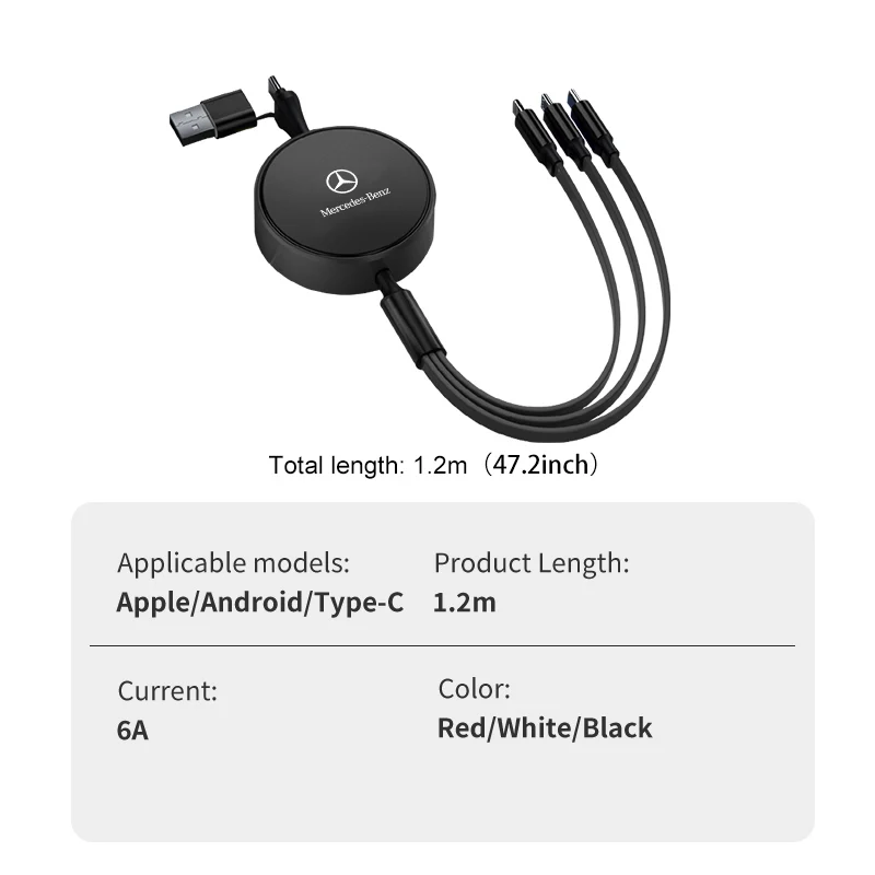 3 في 1 كابل بيانات الهاتف القابل للسحب نوع C USB شحن سريع لمرسيدس بنز AMG A C E S G الفئة W201 W210 W108 W204 W205 W203 #6