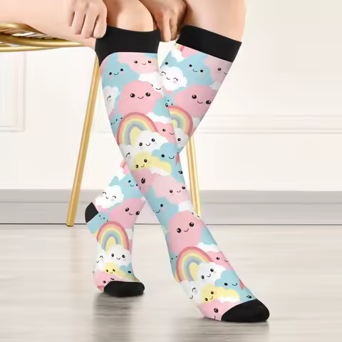 Novelty Funny Compression Socks Women Happy Kawaii Clouds and Rainbows warm comfortable elastic casual socks party gift
