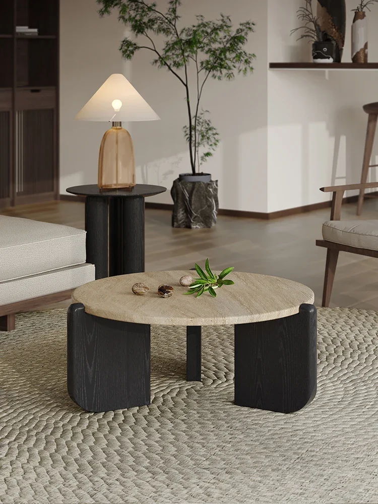 Quiet and minimalist small apartment living room household round marble solid wood coffee table