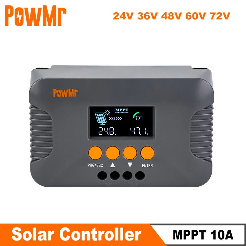 PowMr MPPT 10A Solar Charge Controller 24V 36V 48V 60V 72V Solar Panel Regulator Solar Charger for Lead-acid LiFePO4 Battery