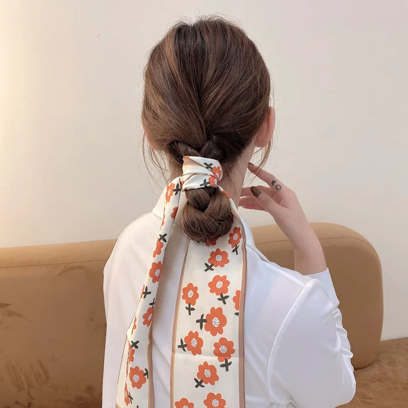 2023 New Fashion Silk Scarf Hair Band Long Ribbon Bow Korean Printing Letter Hair Scarf Women Ponytail Holder Hair Accessories