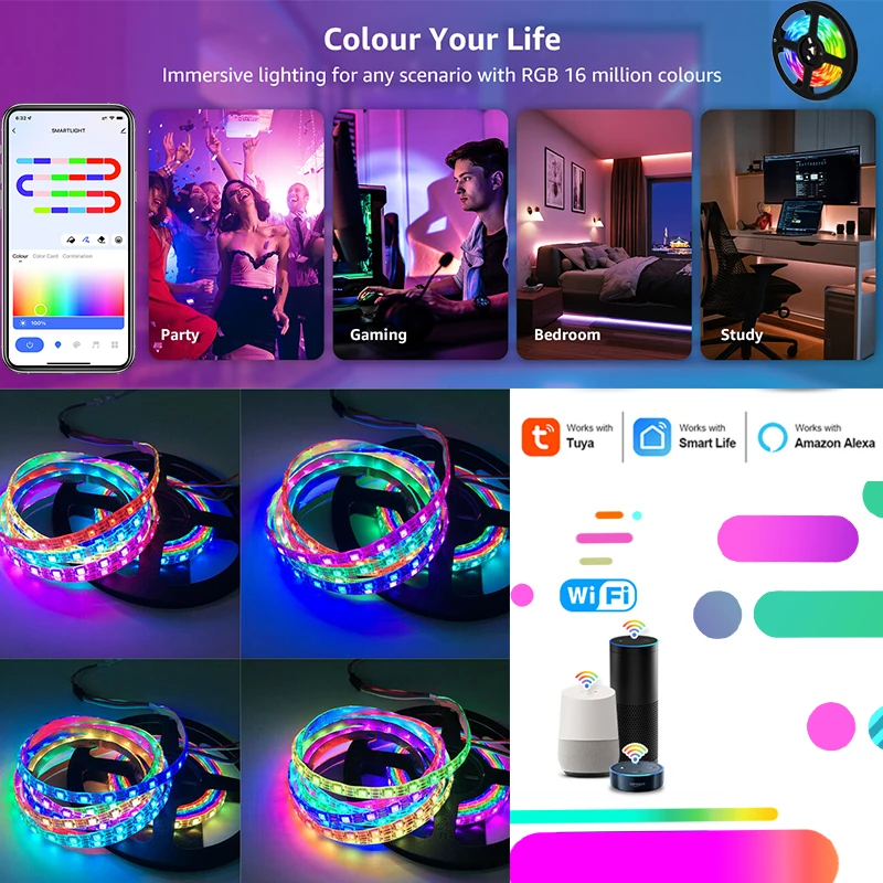 RGBIC LED Strip Smart Lighting TUYA LED Strip Lights RGB WIFI Flexible Tape Work with Alexa and Google Assistant Home Decor