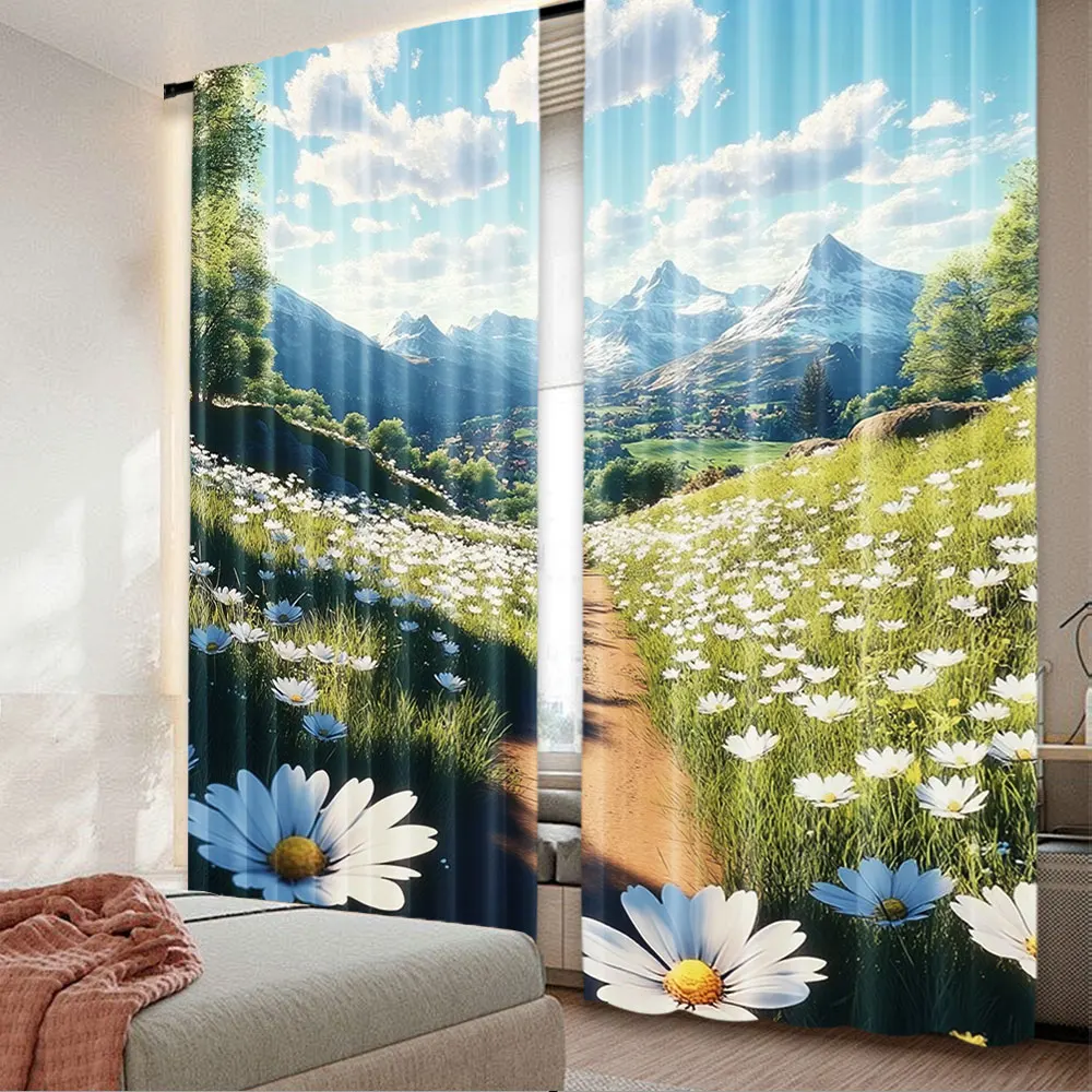 2Pcs Sunny Spring Day Curtains Fashion A Meadow Full Of Flowers Curtains Aesthetic Art Personalized Curtains Suitable For Living