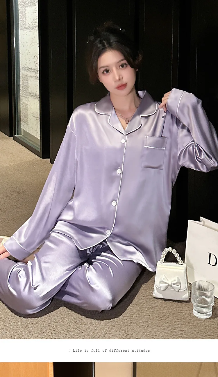 Women\'s Pajamas Sets Spring Autumn 2 Piece Buttons Down Pyjama Faux Silk Satin Sleepwear Long Sleeve Pijama Mujer Pjs Homewear