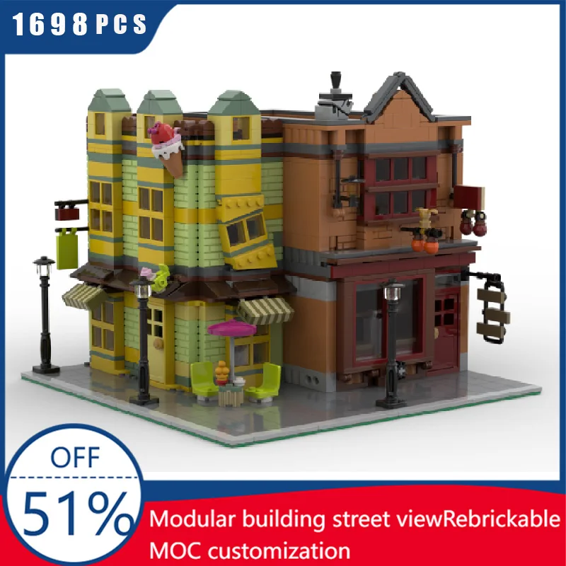 

1698 Parts Medieval Supplies & Ice Cream Shop Building Blocks Retro Architecture Model Display Toys For Kids DIY Assembly Gifts