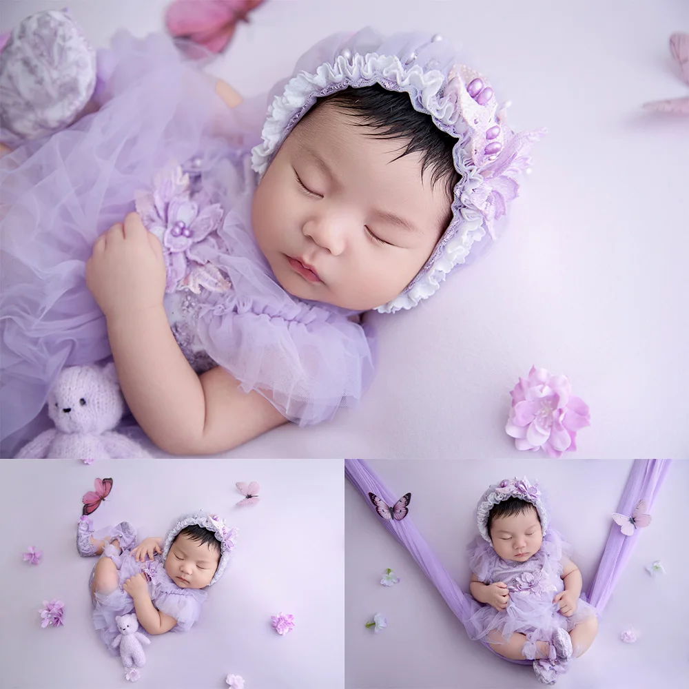 Cute Purple Newborn Girl Photography Props Lace Tulle Dress Set Knit Bear Butterfly Props for Infant Studio Shooting Accessories