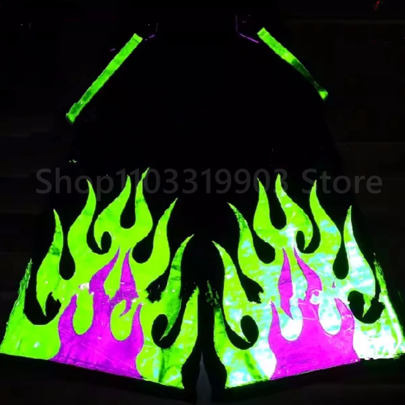 

Unisex Cool Flame Pattern Reflective Strip Night Vision Pants Shuffle Ghost Dancing Pants Luminous Death Trousers Teens Clothing