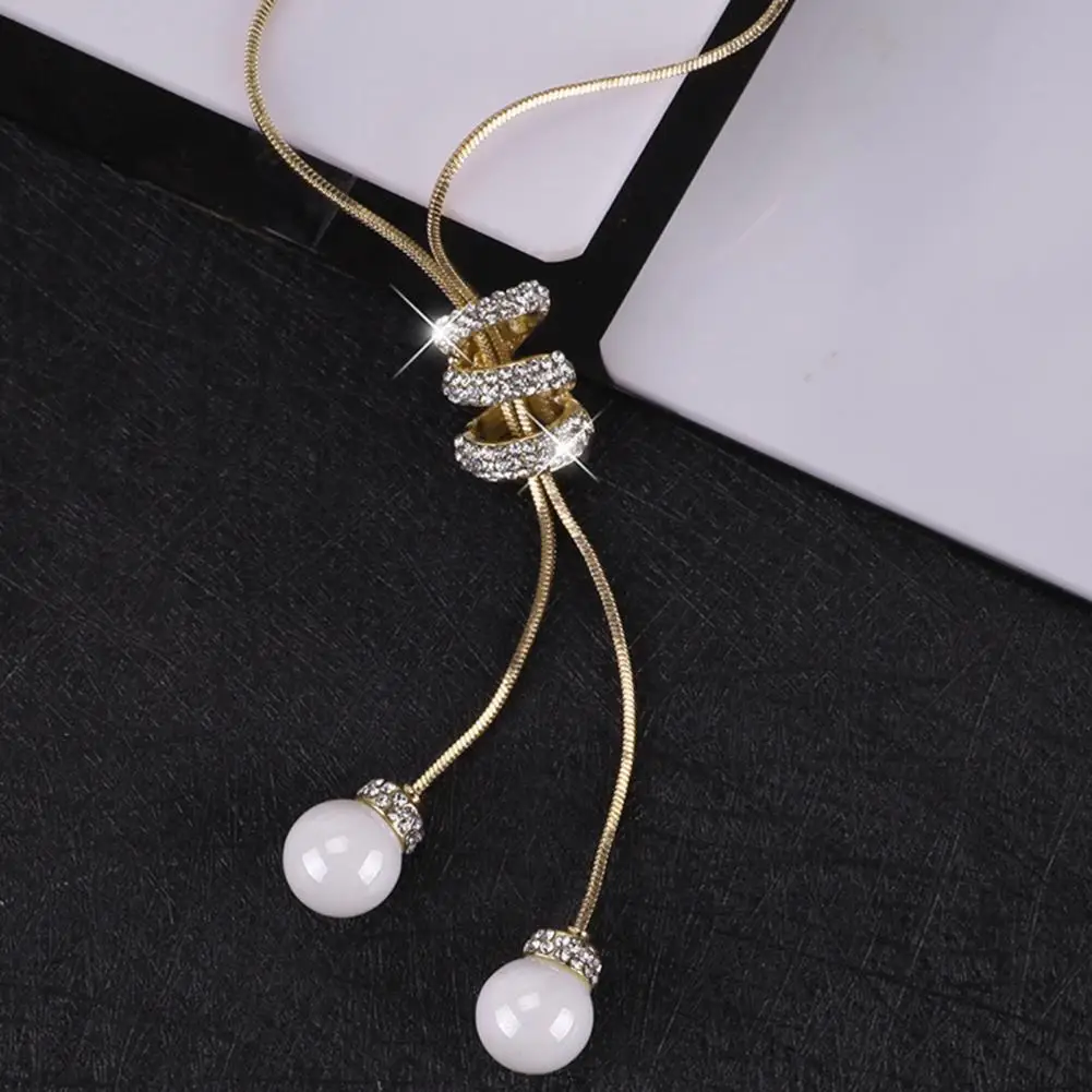 Rhinestone Pendant Jewelry Women Sweater Chain Necklace with Long Tassel Faux Pearl Rhinestone Decor Alloy Garment for Dating