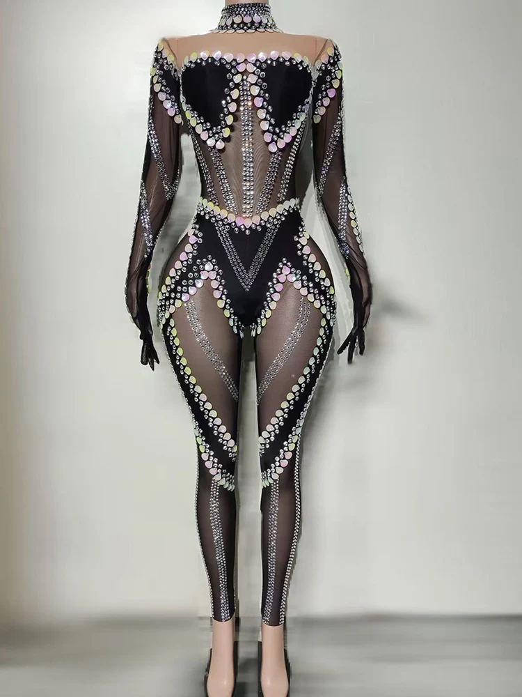 Glitter Sequin Long Sleeve Bodysuit Sexy Black Performance Clothes Singer Showgirl Stage Wear Gogo Nightclub Dance Costume 4308