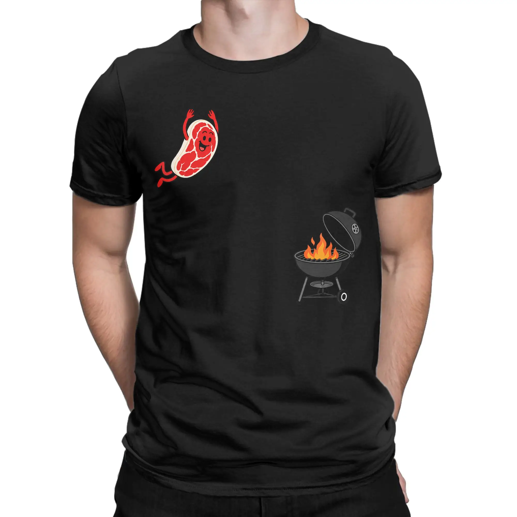 Vintage BBQ Steak Meme Cute Meat Jumping Into Grill T-Shirt Men  100% Cotton T Shirt  Short Sleeve Tee Shirt Gift Idea Clothing