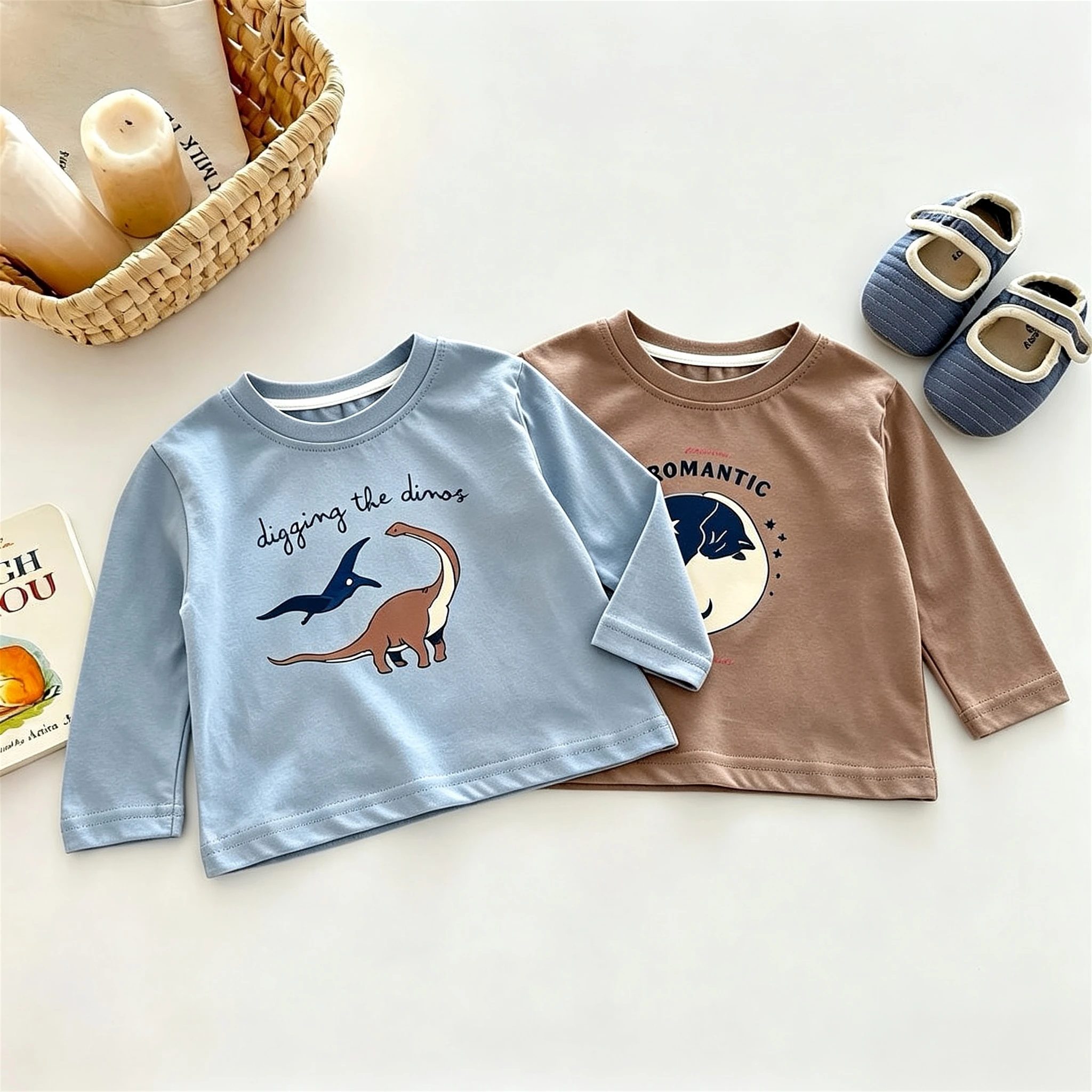 Solid Color Printed Cartoon Tops Long-sleeved T-shirt Children's Clothes Casual Bottoming Shirt Boutique Kids Costume Base Shirt
