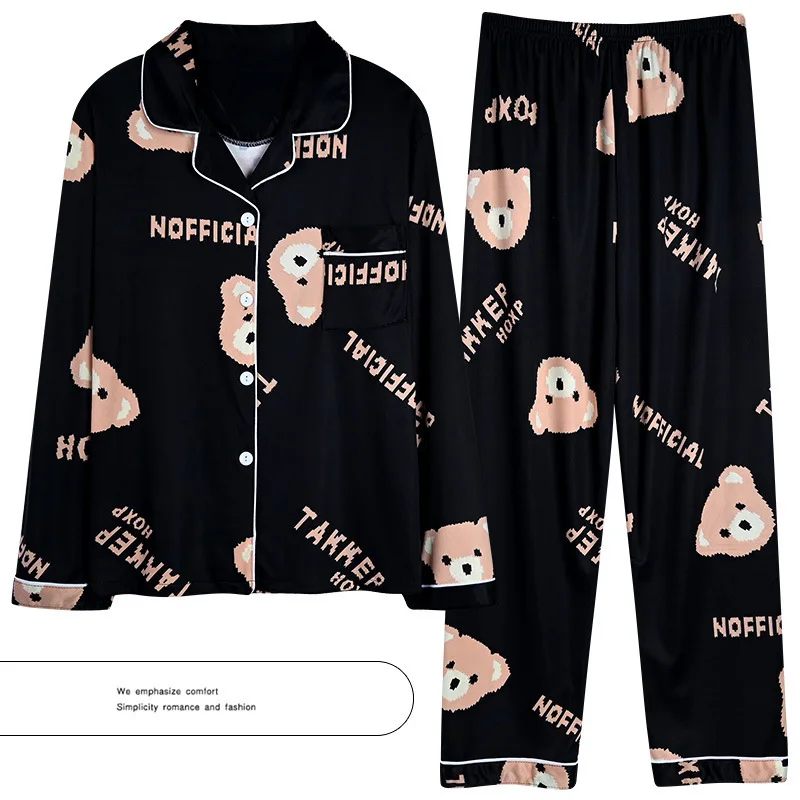 2PCS/Set Women Silk Pajamas Set Long Sleeve Cardigan Plus Size Sleepwear Cute Cartoon Bear Loungewear Winter Casual Home Wear