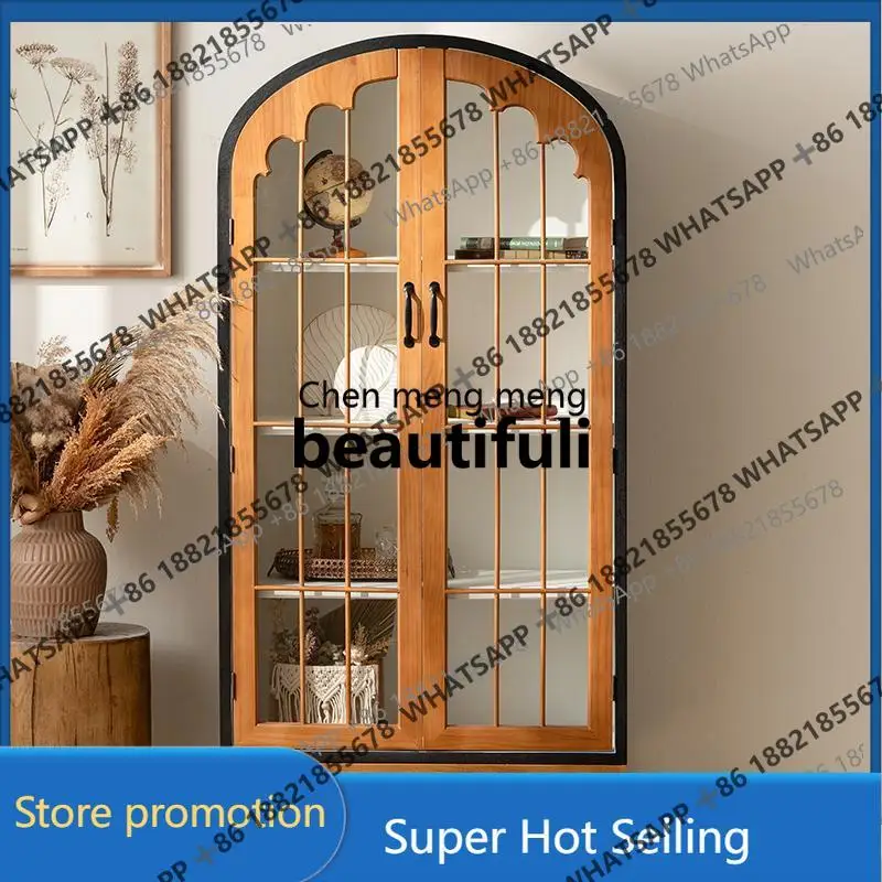 

French Retro Wine Cabinet Living Room Wall-Mounted Bookshelf with Glass Doors Decorative Multi-Layer Storage Cabinet