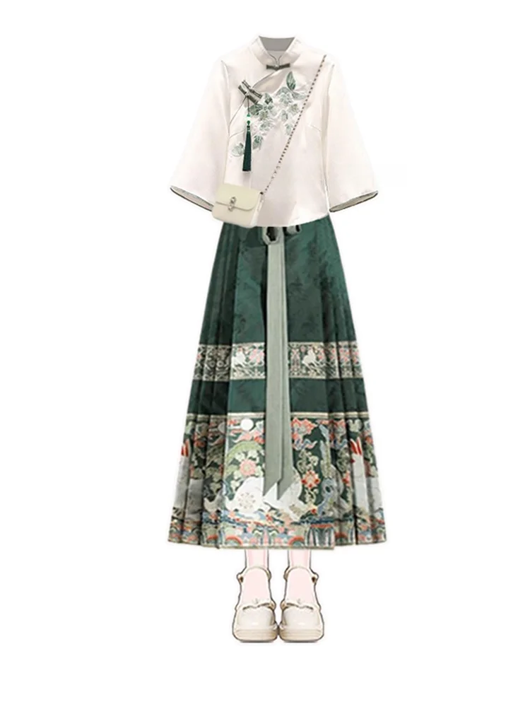New Chinese Sle Women's Suit High Waist Ma Face Skirt Two-Piece Set Embroidered Button up Top Large Size Summer Faion