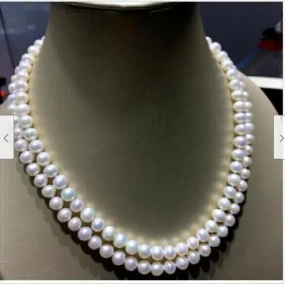 

New hot AAAA 7-8mm round Akoya white pearl necklace 36inch14kp Yellow Gold Clasp