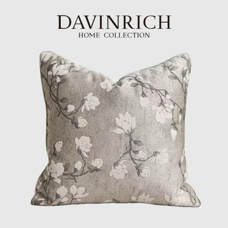 DAVINRICH Magnolia Blossom Jacquard Throw Pillow Cover Modern Simple Luxury Cushion Case 45x45cm Gray For Couch Sofa Living Room