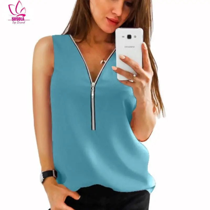 SUSOLA 5XL Women Summer Chiffon Blouse Top Lady V Collar Zipper Roll Up Long Sleeves Loose Shirt Blusa Feminina