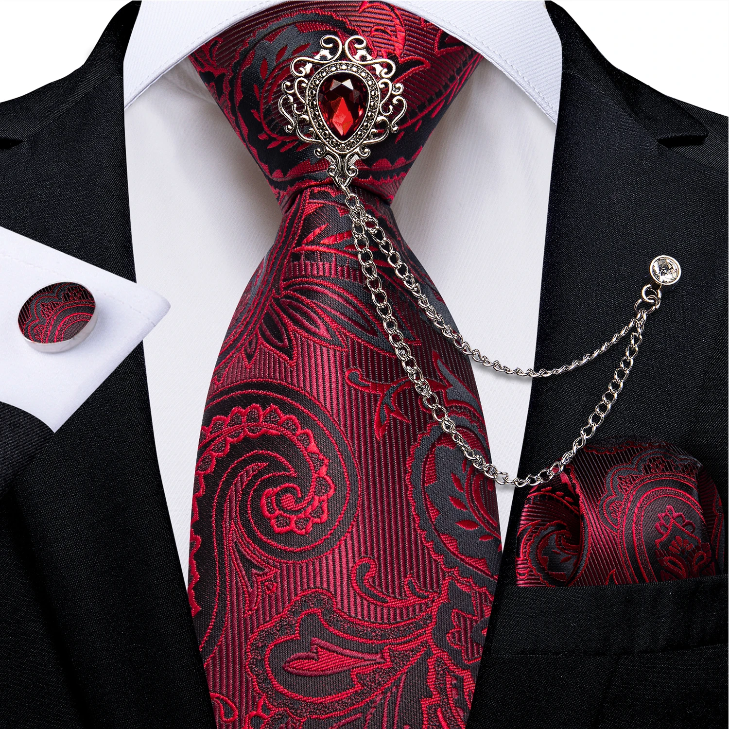 Corbatas de seda florales de Cachemira roja para hombre con broche de cristal de lujo, cadena de 8cm, corbata, pañuelo, conjunto de gemelos, accesorios de boda