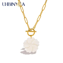 UHBINYCA Flower Shell Pendant Necklace for Women, Stainless Steel Chain Waterproof Hypoallergenic Jewelry