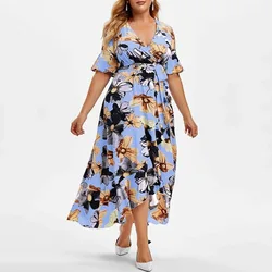 Letnia sukienka damska z kwiatowym nadrukiem w stylu bohemy Duży rozmiar Sukienka damska z dekoltem w szpic Luźna Plus Size Casualowa długa spódnica plażowa 5XL