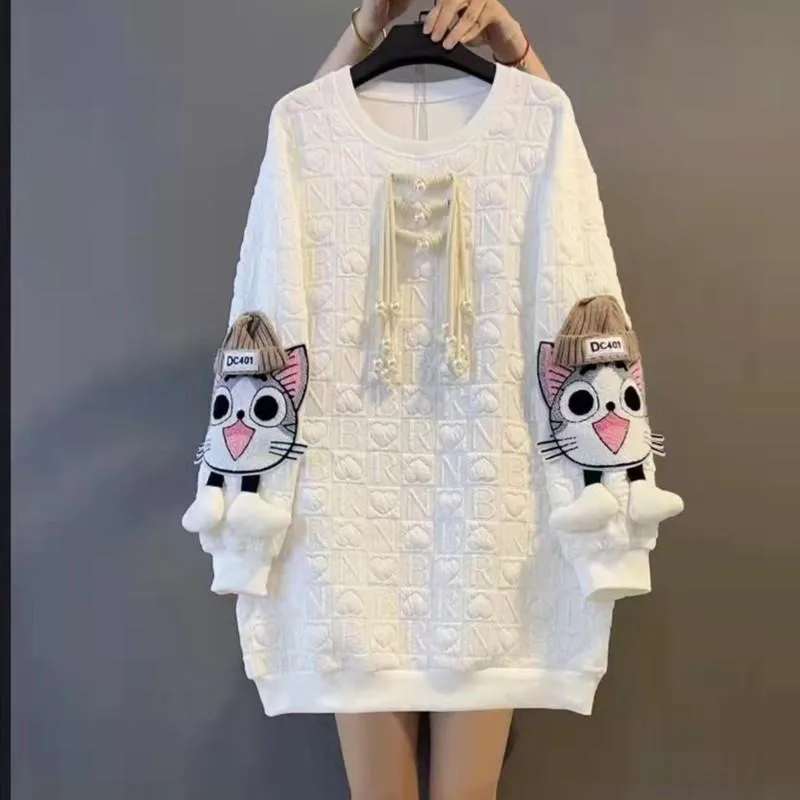 2023 Autumn Winter New Simple Disc Buckle Cartoon Three-dimensional Cute Kitten Pattern Mid-length Loose Pullover Hoodie Woman