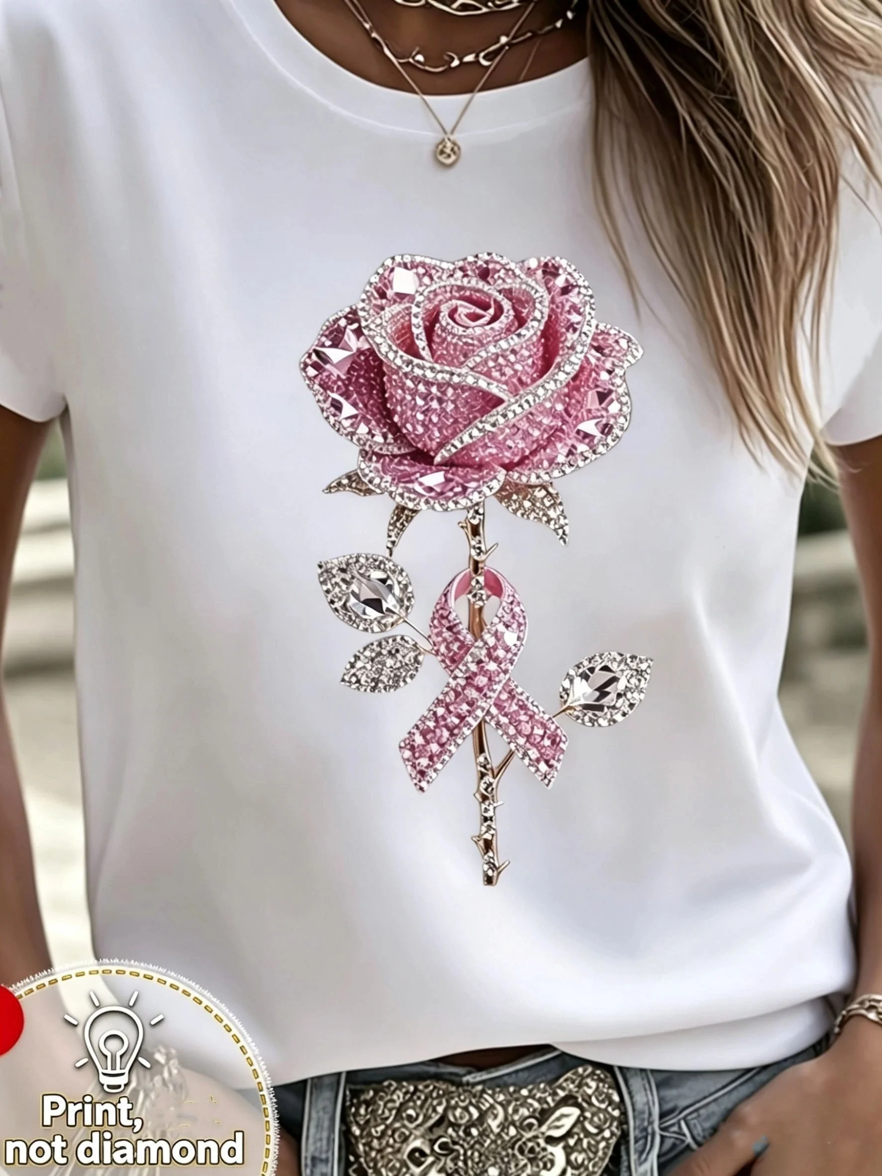 Casual pink rose pink ribbon design 2D print print comfortable casual top very suitable for outdoor and daily casual wear