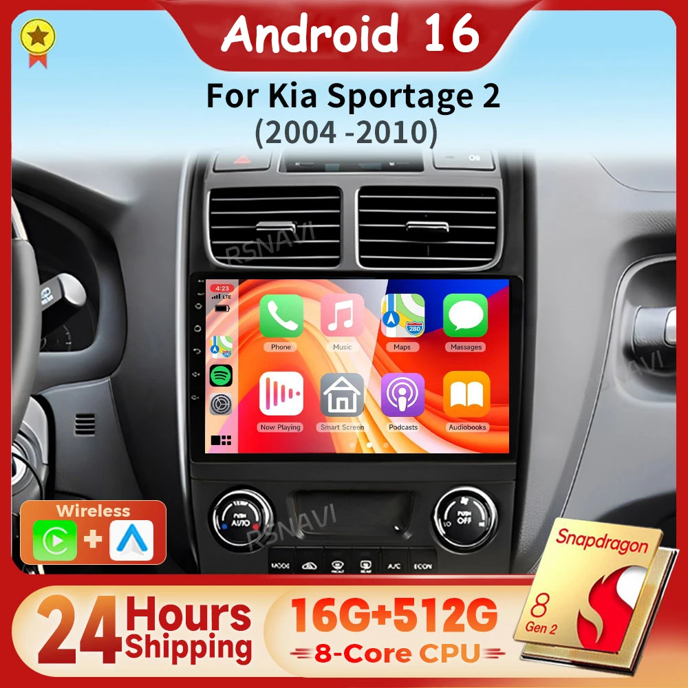 Android 16 Carplay Auto Car Radio Multimedia Player For Kia Sportage 2 2004 2005 2006 2007-2010 Autoradio DSP 24-hour Shipping