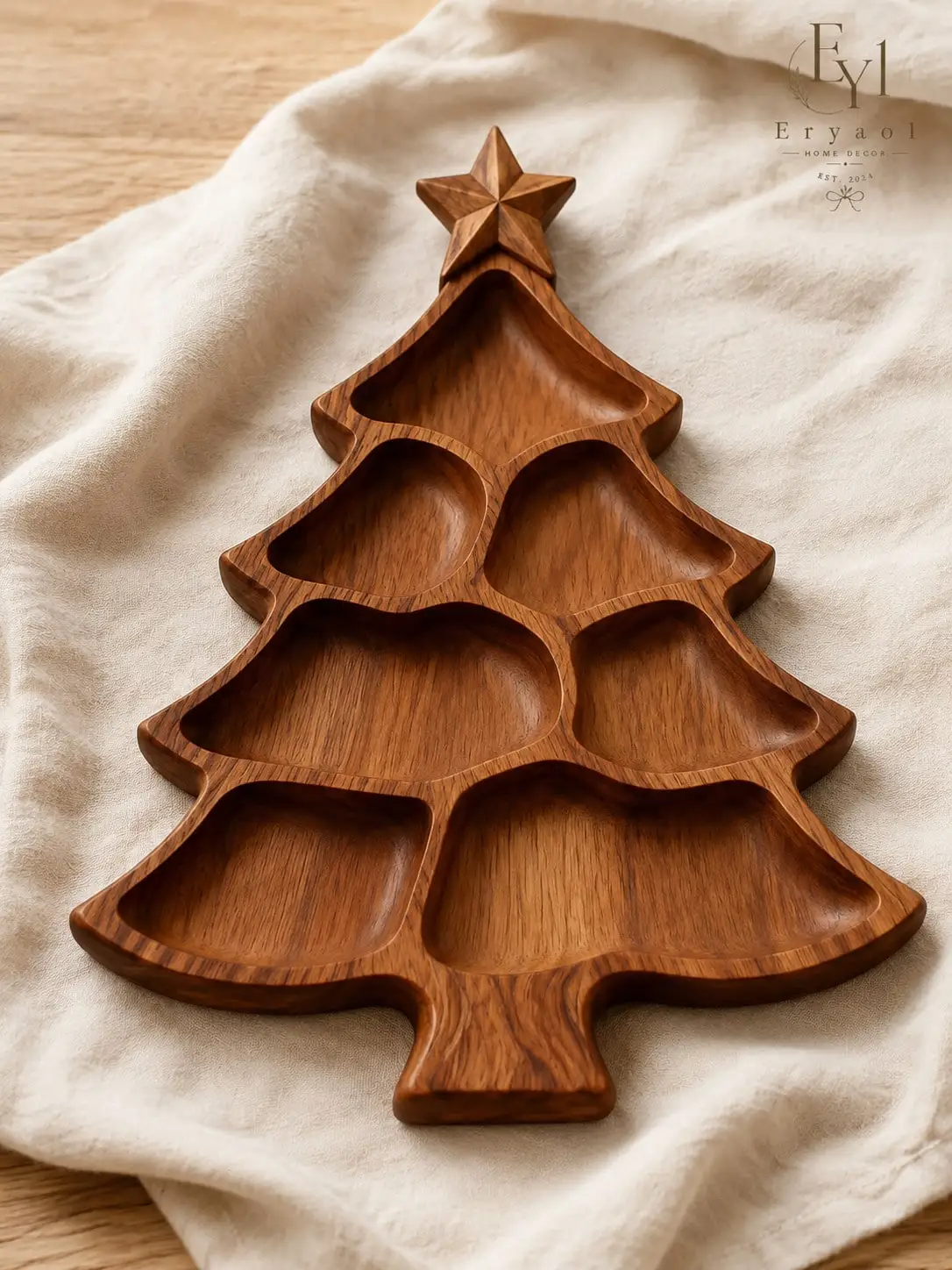 1pc Christmas Tree Shaped Bamboo Divided Serving Tray, 7-Compartment Snack, Candy, Nut, Fruit & Cookie Platter, Reusable Holiday Table Decor For Home, Christmas Parties And Family Gatherings