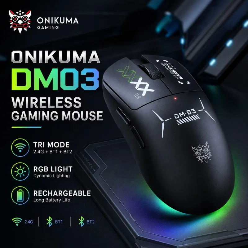 ONIKUMA DM03 Wireless Gaming Mouse Tri Mode Bluetooth 2.4G Wired RGB 24000 DPI 1000Hz Rechargeable Type C for PC Laptop Gamer