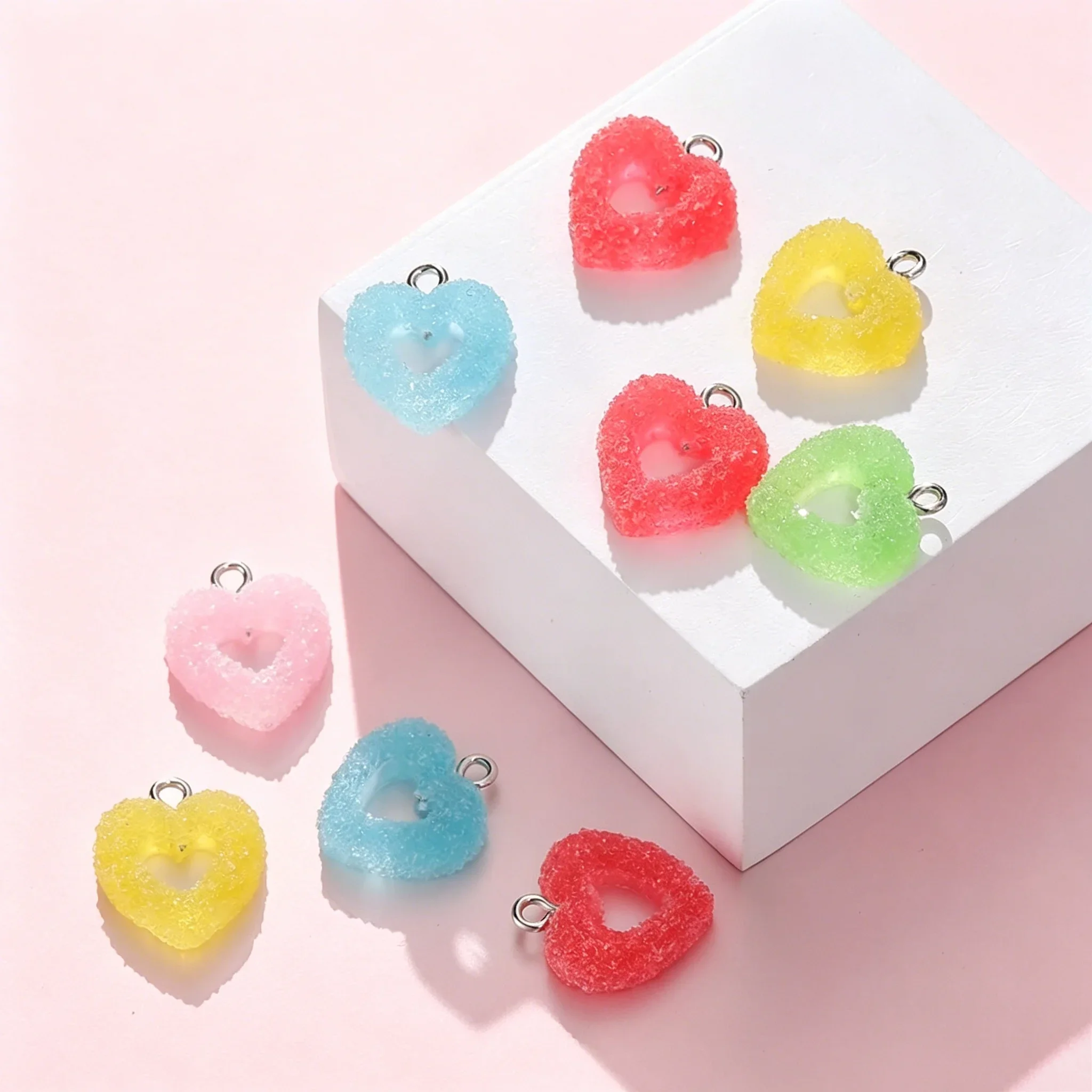 10Pcs Colorful Sugar Coated Heart Candy Resin Pendants, Kawaii Soft Sweets Charms for DIY Jewelry Making Findings