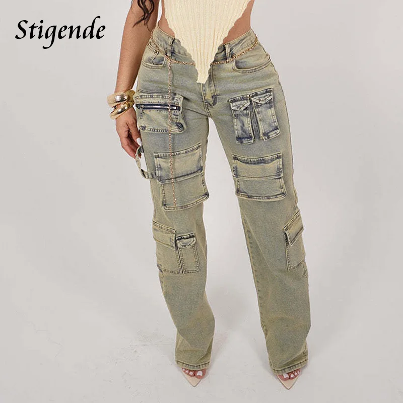 Stigende Cargo Jeans Trousers Women Zipper Pocket Vintage Denim Pants Y2k Streetwear