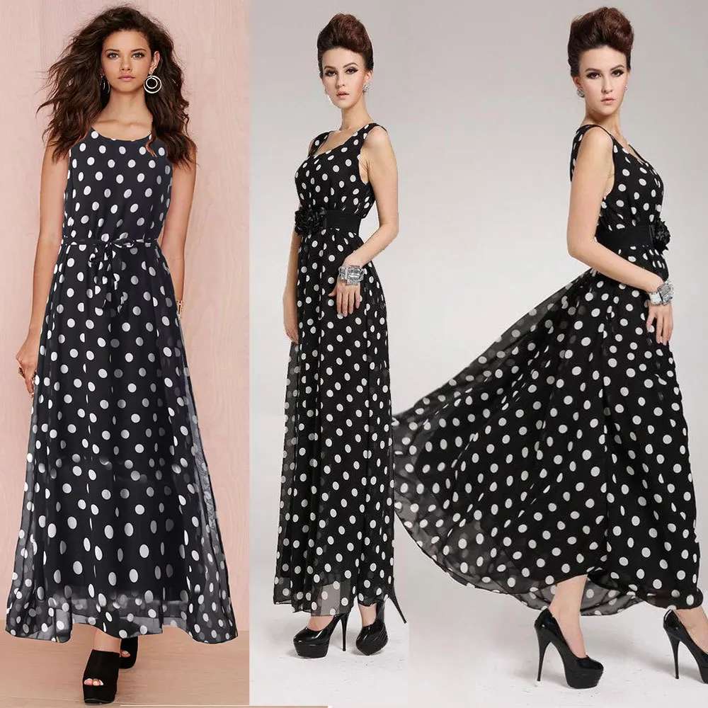 

2025 New Arrival Women's Fashion Dress - Black & White Polka Dot Chiffon Sleeveless Midi Dress High Waist A-Line with Sash