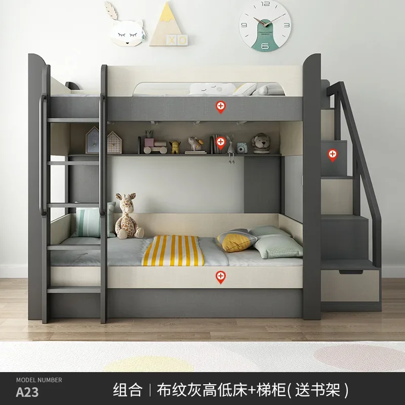 درج نزل خشبي لغرفة الأطفال مقاس منزل مزدوج للأطفال بإطار كوين خشبي متين سرير علوي للأطفال مع دولاب