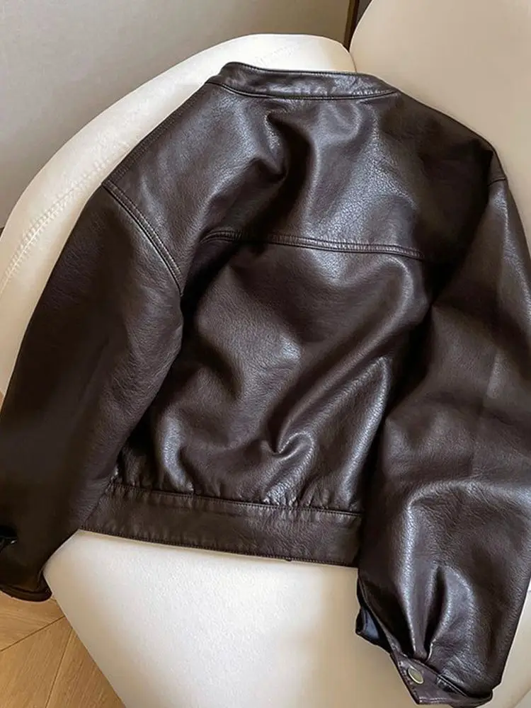 Roupas locomotiva americana curta jaqueta de couro pu feminina 2025 primavera e outono novo design pequeno gola alta jaqueta maré