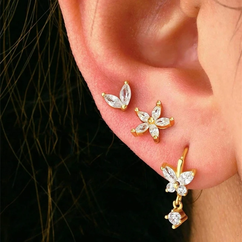 3-teiliges exquisites Zirkon-Creolen-Set mit kleinen Huggies für Damen, Edelstahl, einzigartiger Knorpel-Ohrring-Piercing-Schmuck