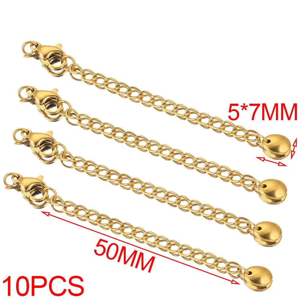 10pcs Stainless Steel Extension Extended Beans Tail Chains with Lobster Clasps for Bracelet Necklace DIY Jewelry Making Supplies