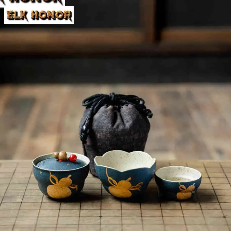 Cyan Blue Gold Gourd Fortune Travel Tea Set Kit Retro 1 Bowl 2 Cups Tea Making Organizer Portable Outdoor Stock Bags Collection