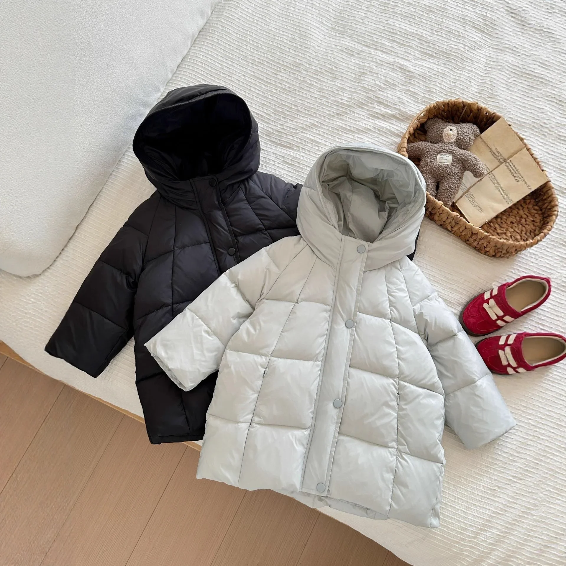 OLEKID 2026 Winter Children Duck Down Jacket 2-10Yrs Kids Girls Thick Hooded Jackets Plush Teens Boys Mid-length Outerwear Coats