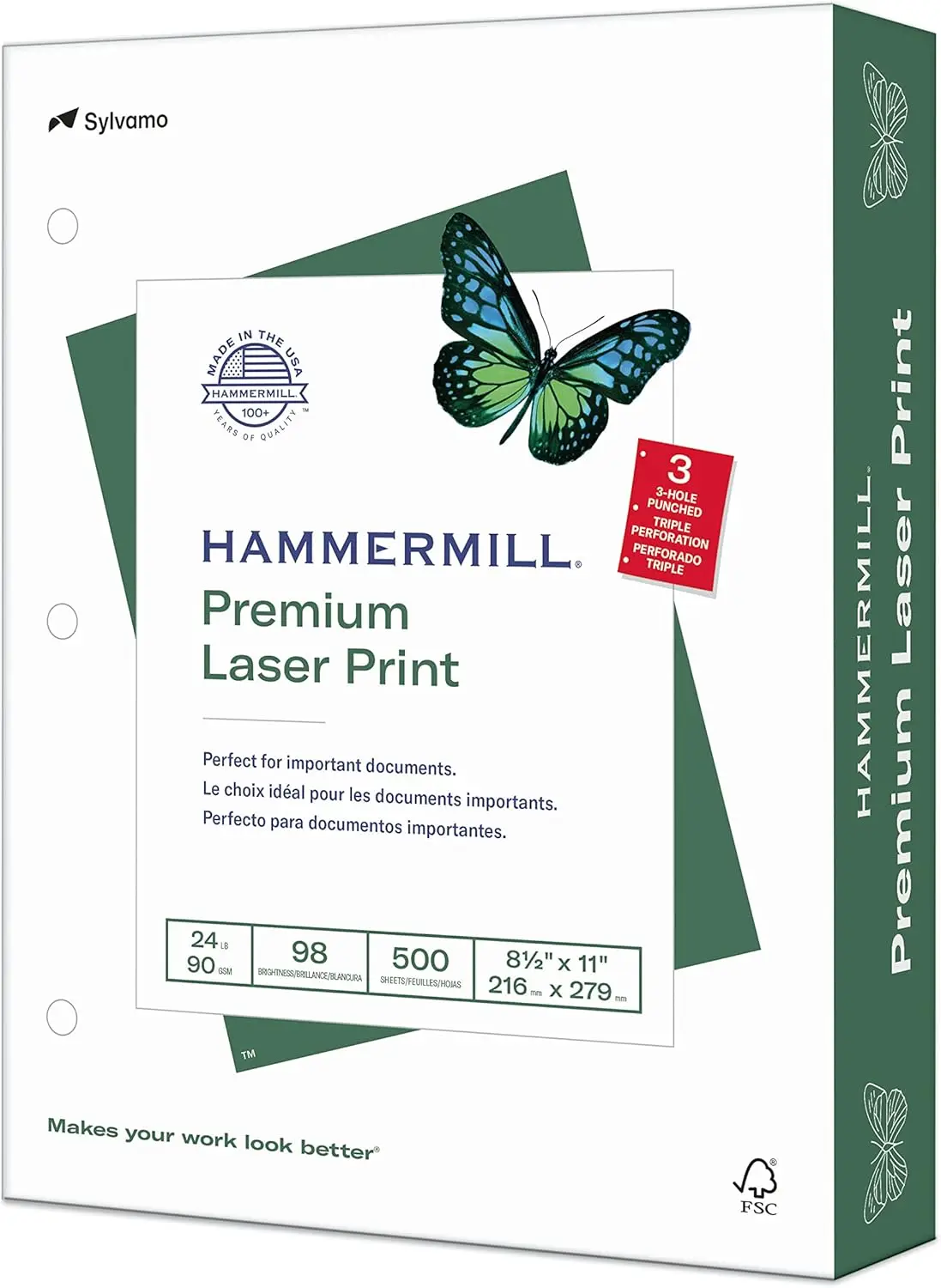 

24lb Laser Printer Paper, 8.5x11 Letter, 500 Sheets, 98 Bright, 3-Hole Punched