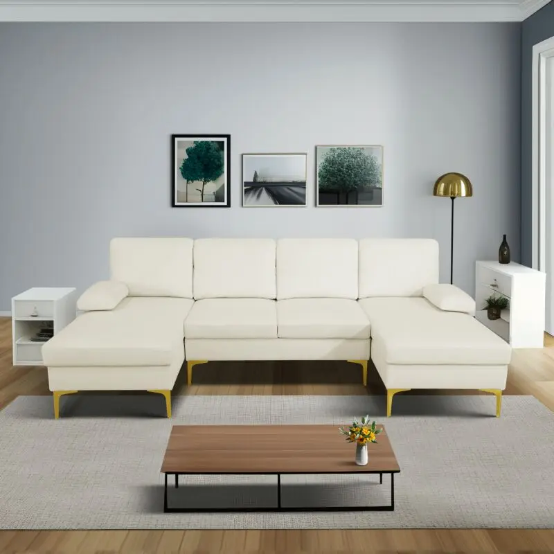 Beige Velvet Solid Wood Sofa Wear-resistant Highly Elastic Sponge The Metal Tripod Is Stable Not Tired for Sitting A Long Time