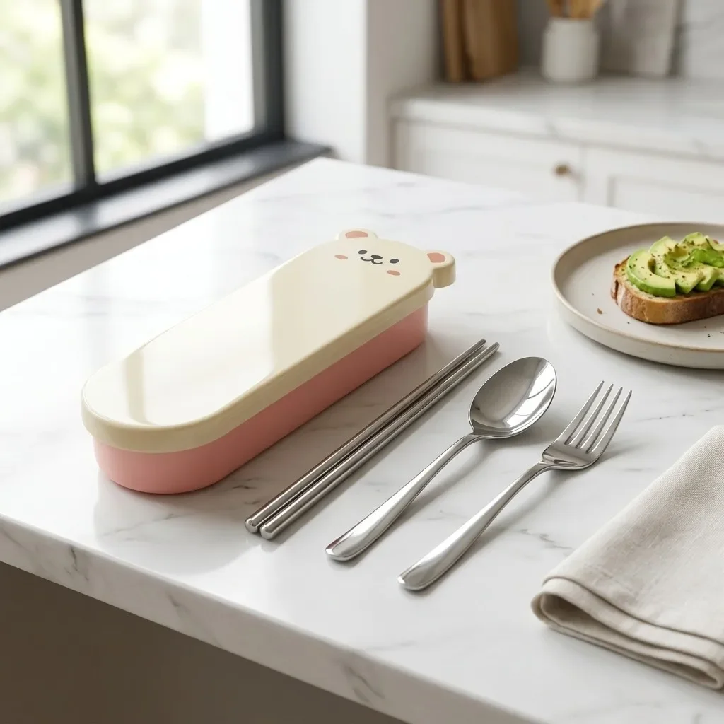 Portable Stainless Steel Cutlery Set Cute Bear Tableware Spoons and Forks Chopsticks Silverware Case Travel School Kids Utensils