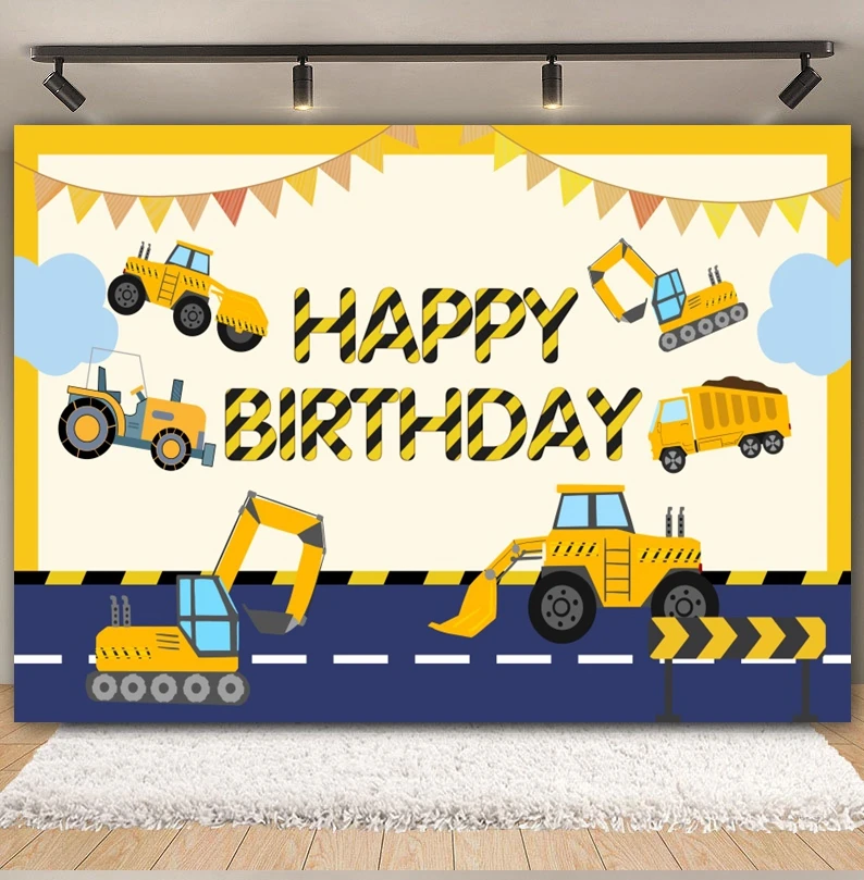 خلفية عيد ميلاد لفريق البناء للتصوير الفوتوغرافي للأولاد وحفلات استقبال المولود الجديد ورافعة شاحنة المرور وحفارة خلفية استوديو الصور