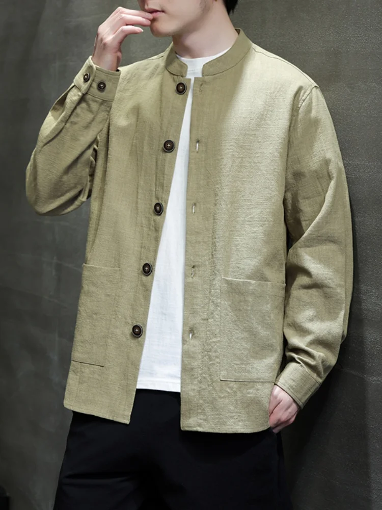 

Мужская куртка свободного кроя из хлопка и льна, осенняя новинка, с воротником-стойкой, в китайском стиле, молодежная верхняя одежда, повседневная одежда