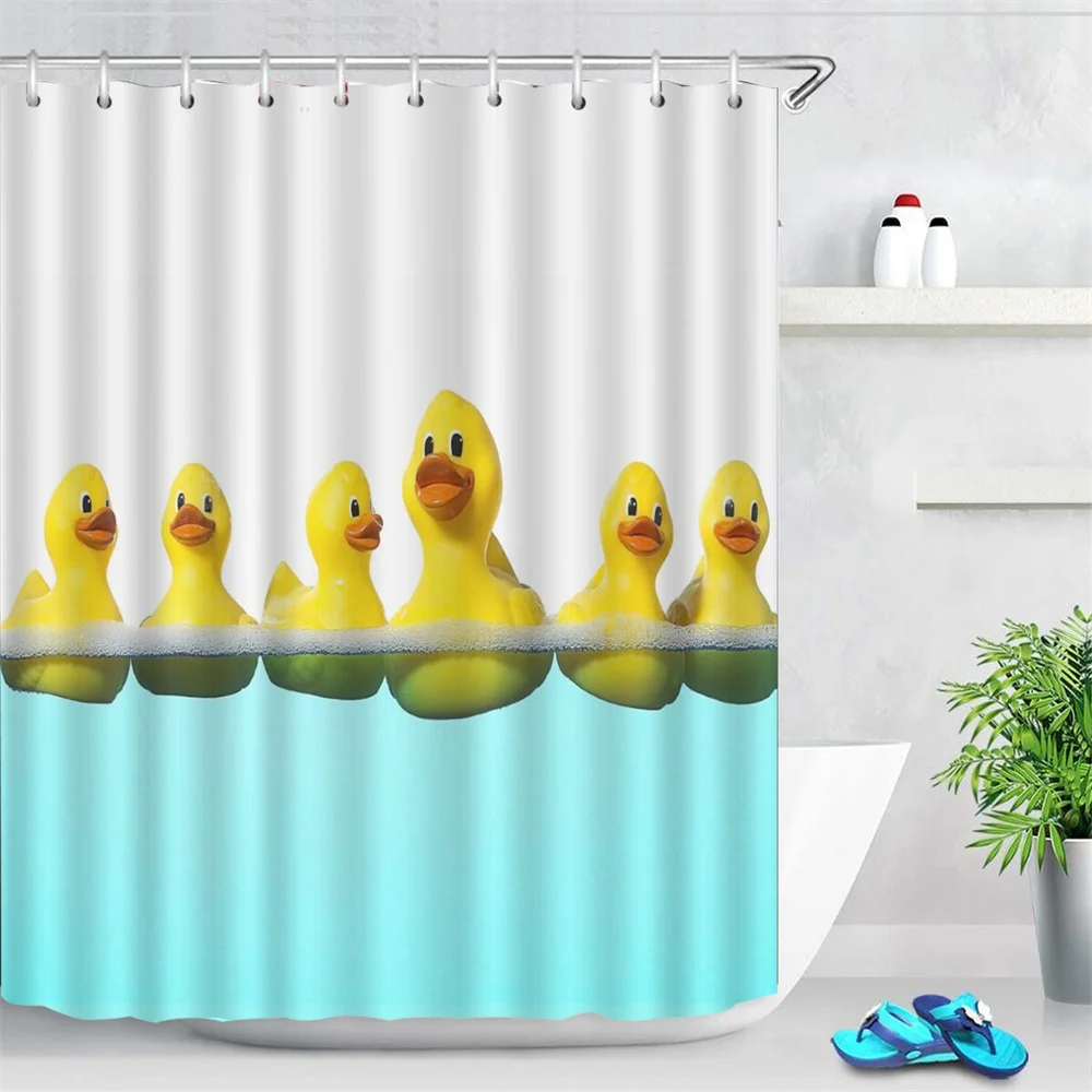 Cute Duck Printing Shower Curtain Cartoon Bathroom Waterproof   With Hook Home Decoration