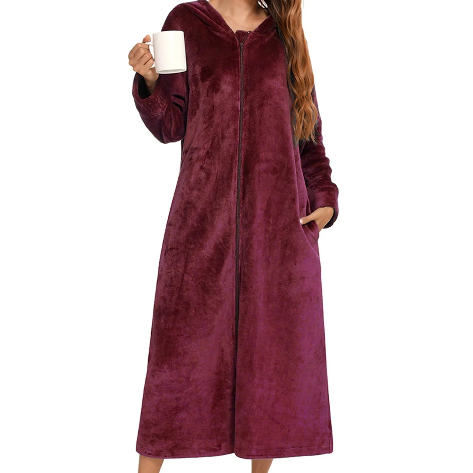 Winter Long Fleece Bathrobes Sleepwear Women\'s New Solid Color Zipper Bath Robe Dressing Gown Autumn Warm Hooded Home Wear