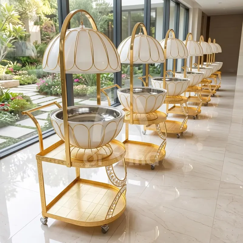 20L Large Capacity Spherical Chafing Dish with Gold Catering Trolley Mobile Buffet Food Warmer for Hotel Wedding